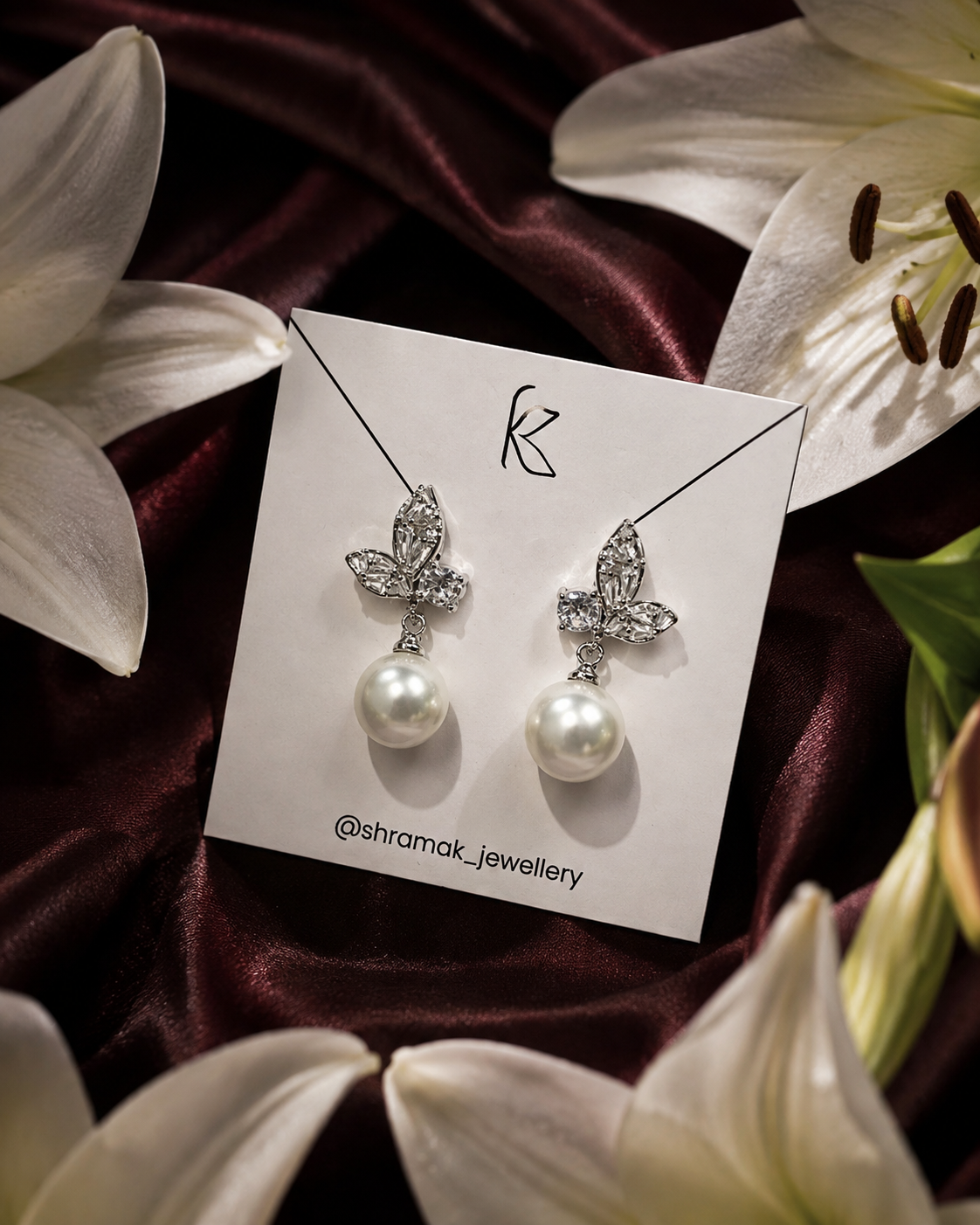 Silver-Tone Crystal Leaf Pearl Drop Earrings