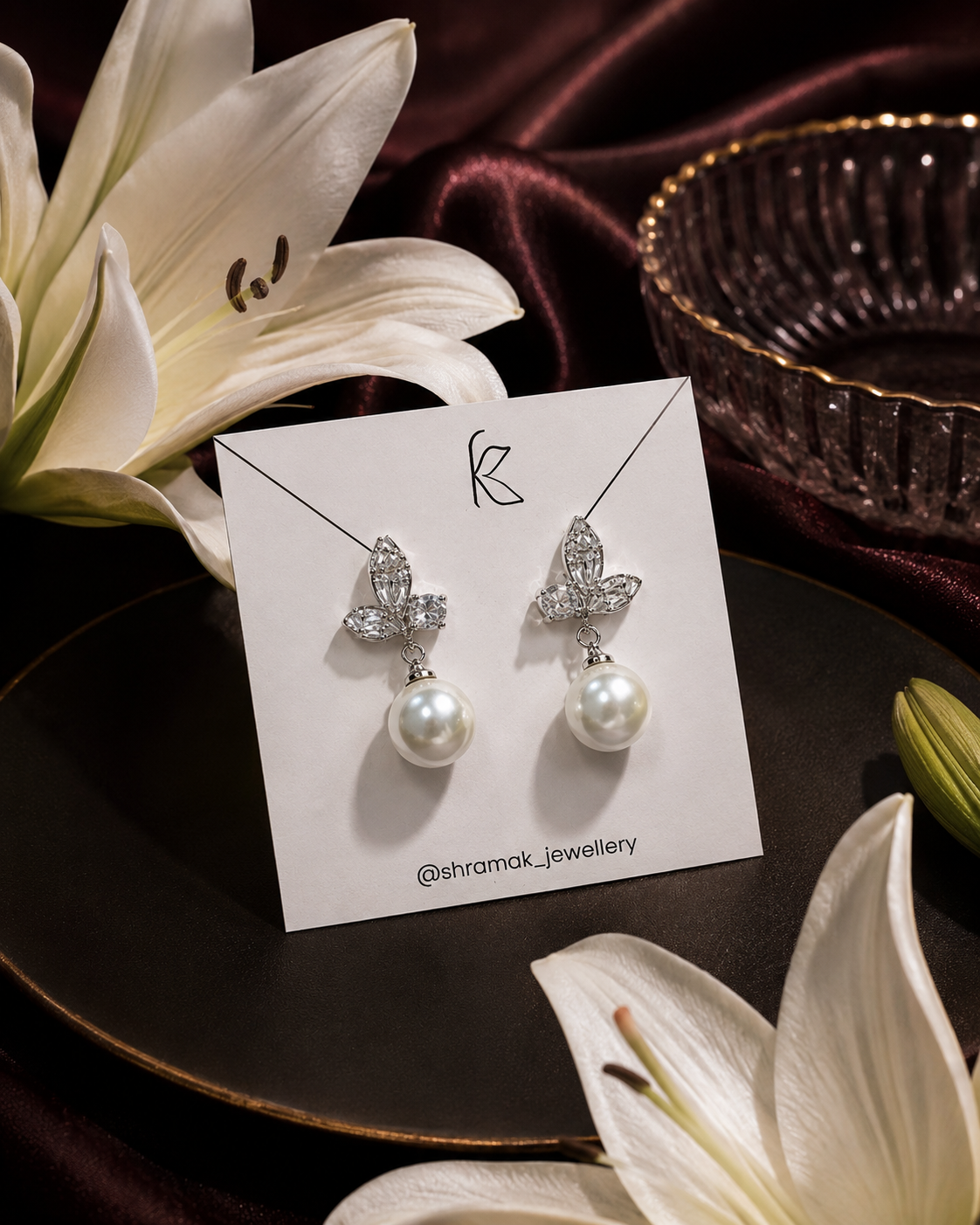 Silver-Tone Crystal Leaf Pearl Drop Earrings