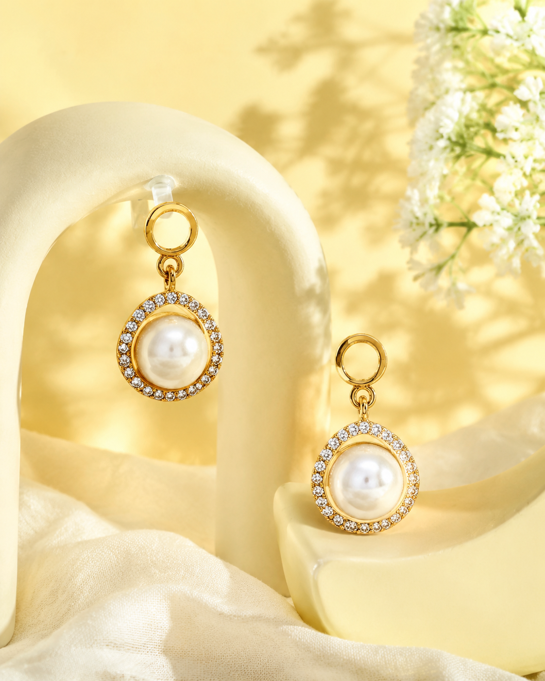 Gold-Tone Pearl &amp; CZ Drop Earrings