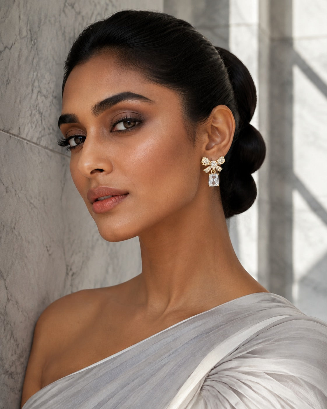 Gold-Tone Bow Crystal Drop Earrings