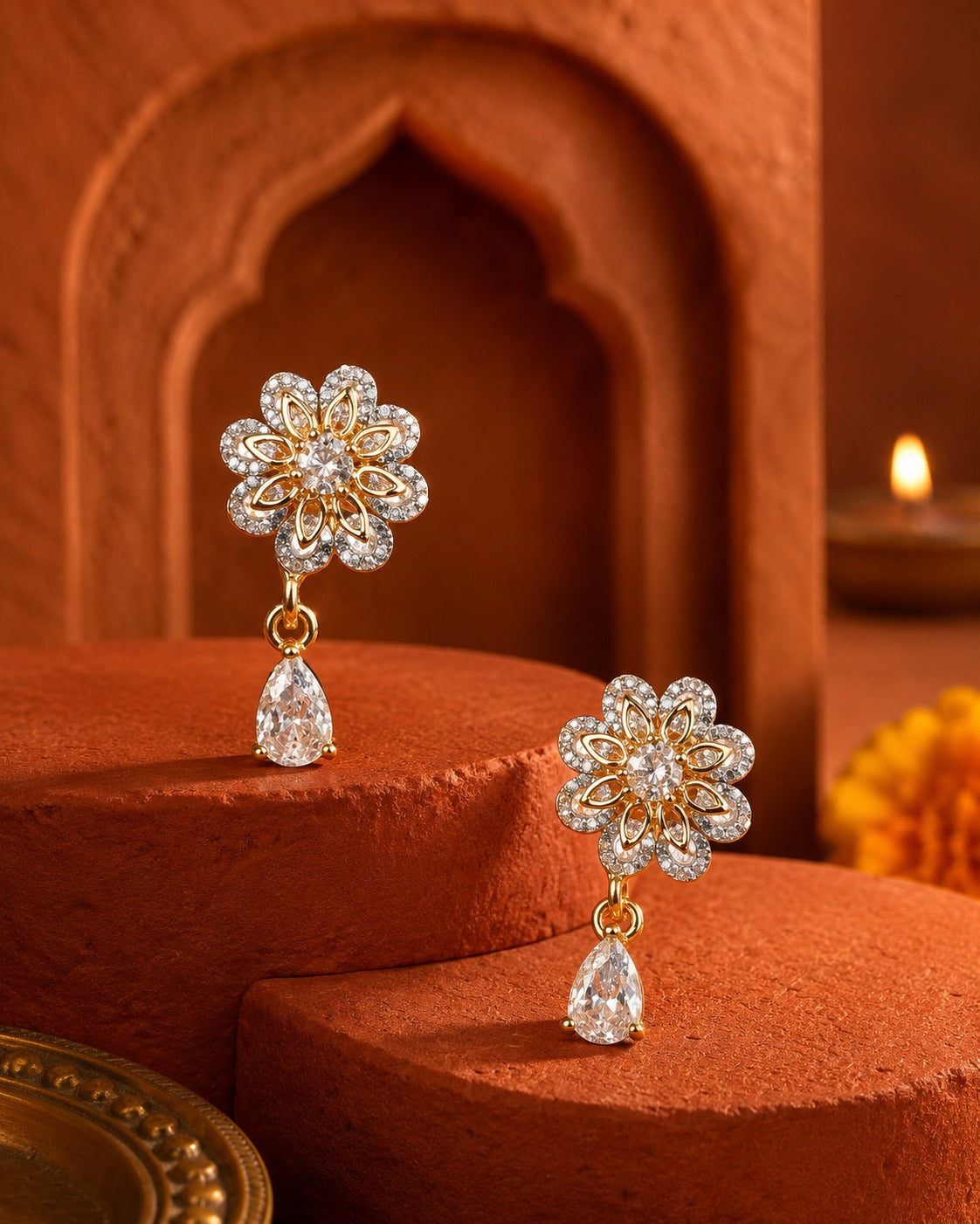 Gold-Tone Floral Crystal Drop Earrings